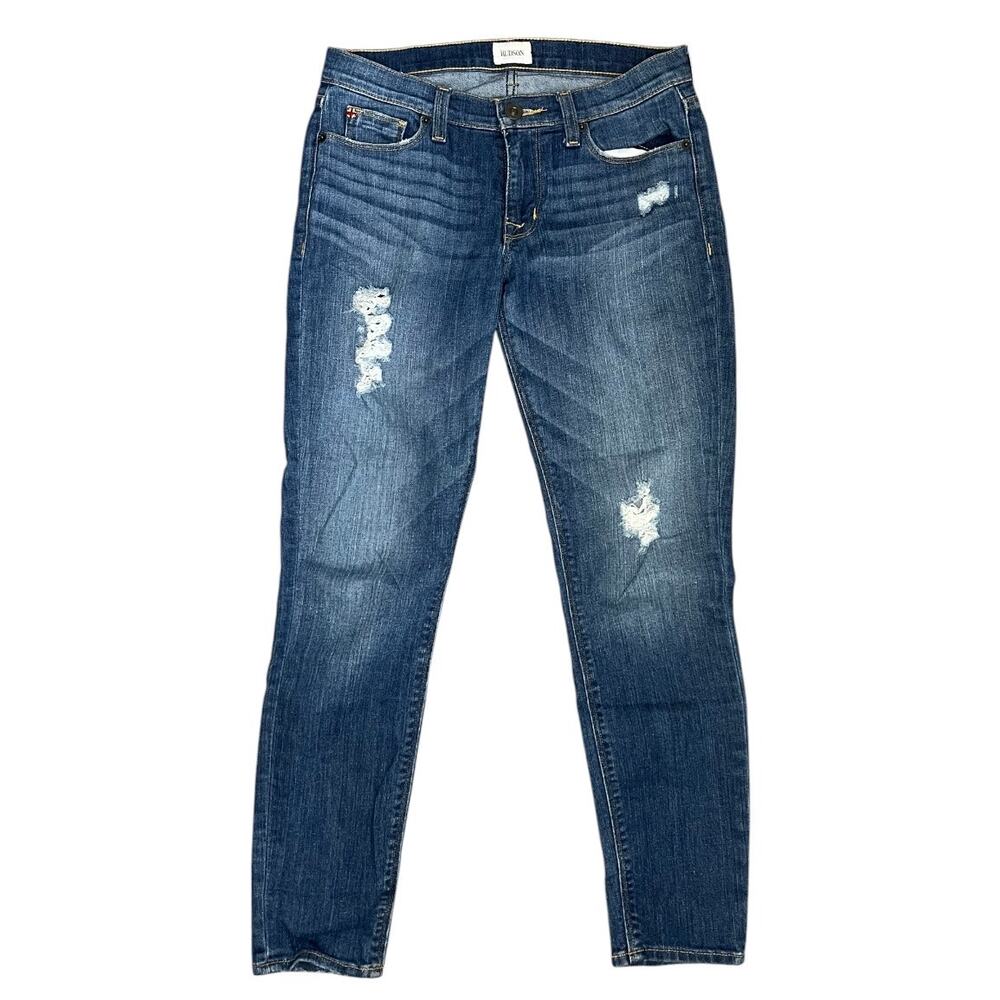Hudson Mid-Rise Distressed Skinny Jeans in Blue everyday casual ankle size 27
